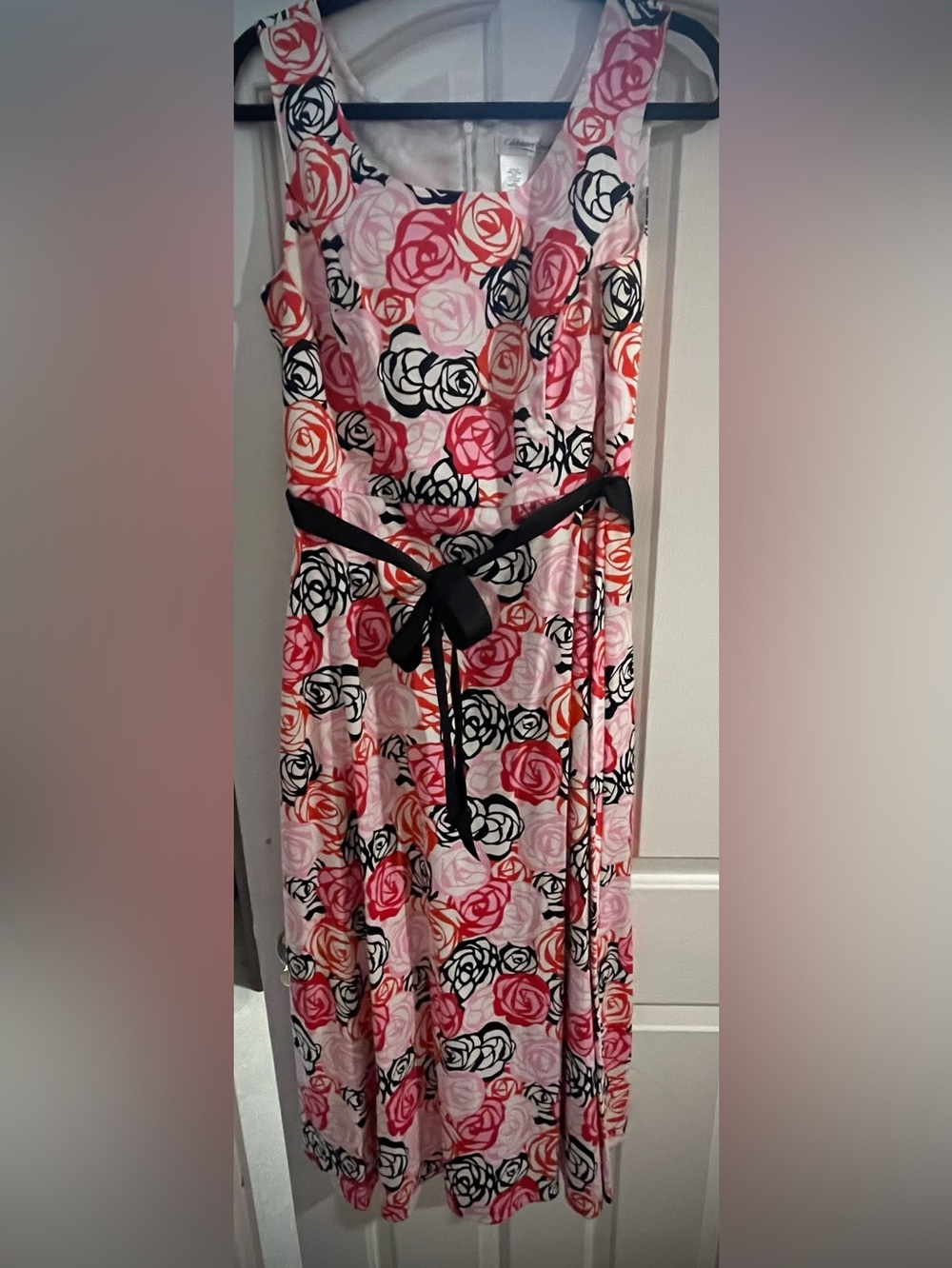 Floral Rose Print Sleeveless Midi Dress with Black Waist Tie Coldwater Creek